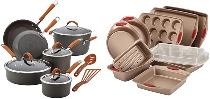 Rachael Ray Cucina Dishwasher Safe Hard Anodized Nonstick Cookware Pots and Pans Set 12 Piece Gray with Orange Handles &amp Cucina Nonstick Bakeware Set 10 Piece Latte Brown with Cranberry Red Gr