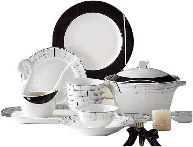 Dinnerware Sets - Luxury Gift Dishes Service Set Dinner Set 66 Pieces Porcelain Dinnerware Set Modern Black and White Overglaze Tableware Combination Suitable for 10 Persons