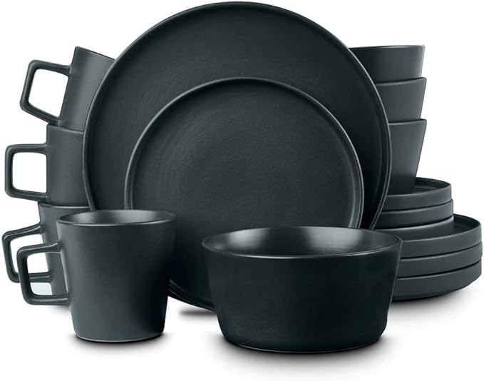 Durable 32 Piece Round Ceramic Stoneware Dinnerware Set For 8 Rustic Speckled Collection | Unique Lipped Rim Design On Plates Microwave &amp Dishwasher Safe | Modern Appearance Dark Grey Shade