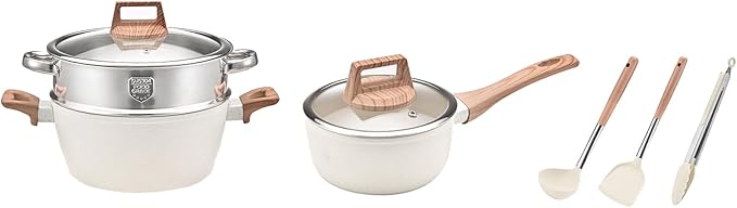 10 Piece Nonstick Cookware Set Frying Pan Saucepan Saute Pan Steam Rack Sturdy Scratch Resistant Coating Even Heat Distribution Modern Design for Home Cooks (White)