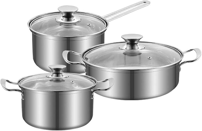 Saucepan Set Stainless Steel Cookware Set with Toughened Glass Lids Suitable for All Stove Types Induction Cooker 3 Pieces Pot &amp Pan Sets