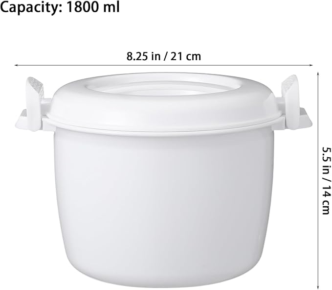 Microwave Rice Cooker Steamer Round Microwave Food Container for Vegetables Safe as Mixing and Serving Bowls Micro Rice Pasta Cooker - Dishwasher Safe | 1.8 Liter/7.5 Cup