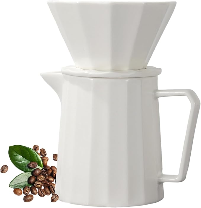 Pour Over Coffee Maker Set Premium Ceramic Coffee Dripper with 15oz/450ml Capacity Manual V60 Style Coffee Maker Ideal for Home Office and Travel (White)