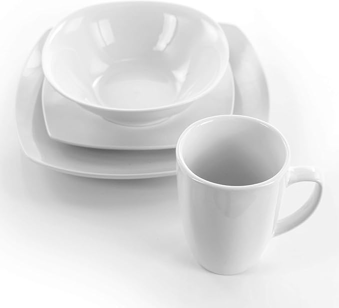 16 Piece Porcelain Dinnerware Set in White Soft Square Modern Plates and Bowls Dishwasher and Microwave Safe Tableware Set for 4