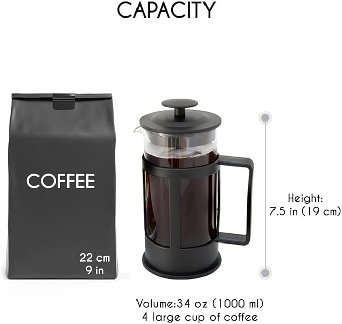 Any Morning Large French Press Coffee Maker Coffee Maker French Press 34 oz Coffee Press Glass French Press For Tea and Travel 16 Cup Coffee Maker For Camping 16 Espresso Cups 34 Oz Black