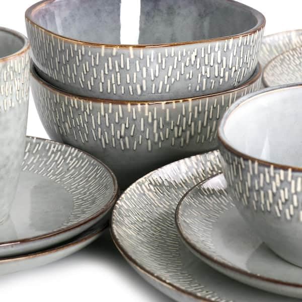 16 Piece Reactive Glaze Stoneware Dinnerware Set in Grey – Microwave &amp Dishwasher Safe Plates Bowls &amp Mugs Durable Everyday Dining Set