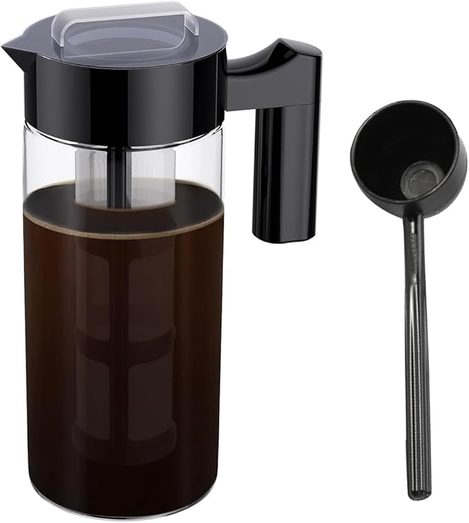 Cold Brew Coffee Maker 40 Oz Iced Coffee Pitcher with Mesh Filter Glass Ice Coffee Making Jug for Fridge Black Easy to Use 1300ML 24.5 X 10cm