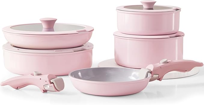 Pink Non Stick Pot and Pan Sets with Removable Handle Ceramic Cookware Set Detachable Handle Induction Kitchen Camping Stackable Pots Pans Dishwasher/Oven Safe PTFE/PFOA/PFOS Free