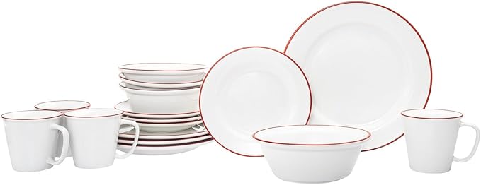 Bistro Red Rim Porcelain 16 Piece Dinnerware Set Service for 4 Solid Country Round 12 Dishwasher Safe