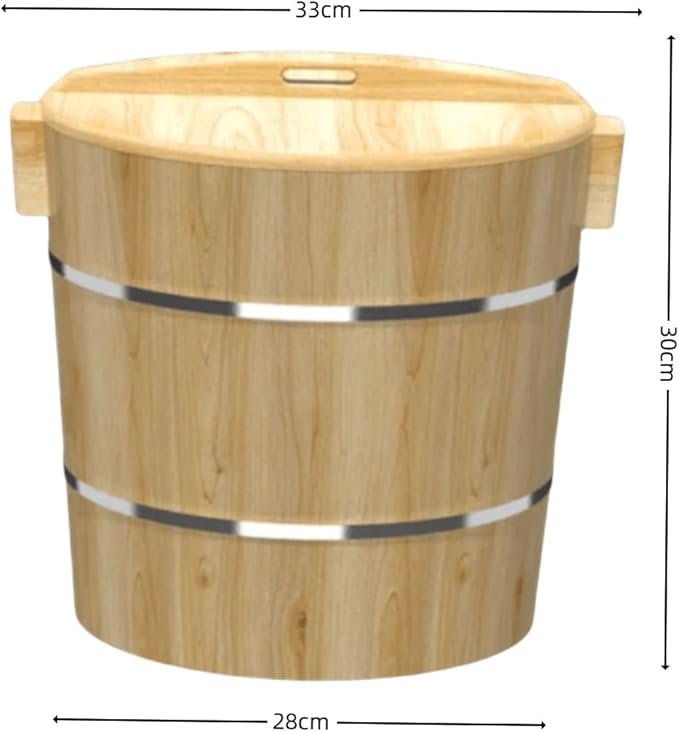 Wooden Rice Barrel Rice Steaming Barrel Rice Mixing Barrel Wooden Storage Barrel Rice Cooking Barrel with Lid for Home Restaurant(33 * 30 * 28cm)
