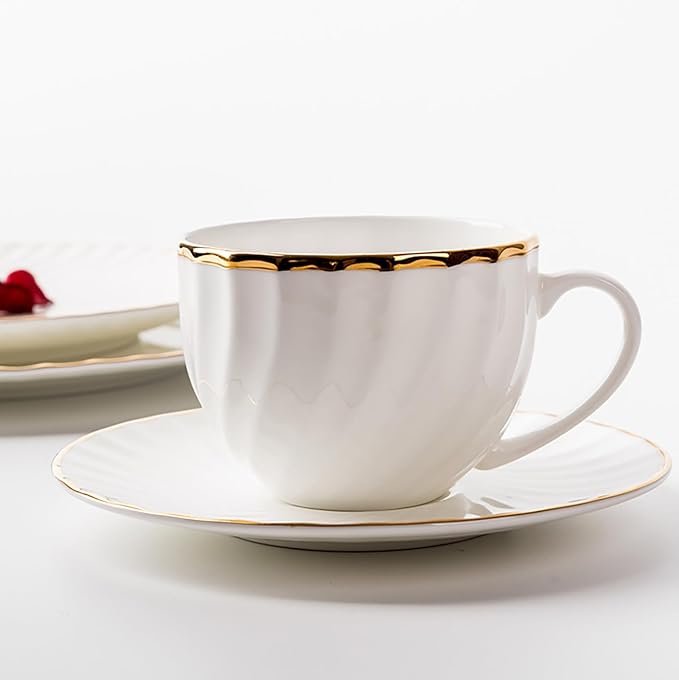 Elegant Porcelain Dinnerware Set with Gold Rim Embossed Wave Pattern 20 Piece Service for 4 Includes Dinner Plates Salad Plates Bowls Cups with Saucers Dishwasher Microwave Safe