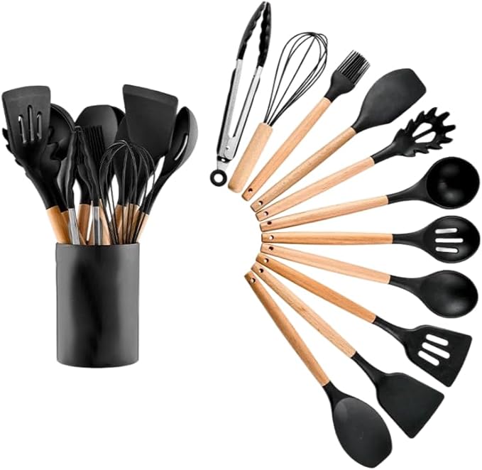 Silicone kitchenware 12-piece set with wooden handles and silicone covers. Non-stick pots and pans that can withstand high temperatures. Includes a storage bucket.