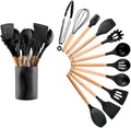 Silicone kitchenware 12-piece set with wooden handles and silicone covers. Non-stick pots and pans that can withstand high temperatures. Includes a storage bucket.