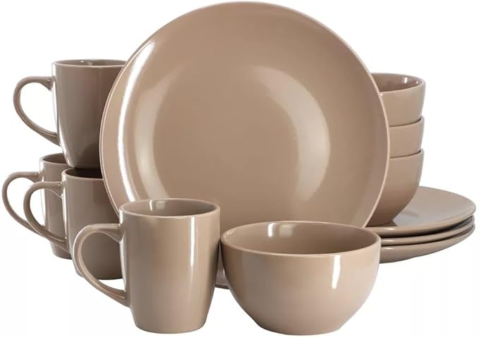 12 Piece Stoneware Dinnerware Set – Round Plates Bowls &amp Mugs for 4 Dishwasher &amp Microwave Safe Modern Matte Finish (Mocha Brown)