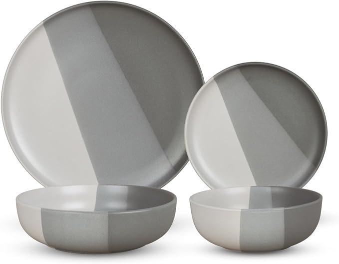 Godinger Dinenrware Set Dinner Plate Appetizer/Dessert Plate Pasta Bowl and Cereal Bowl 16 Piece Set Grey and White Stoneware