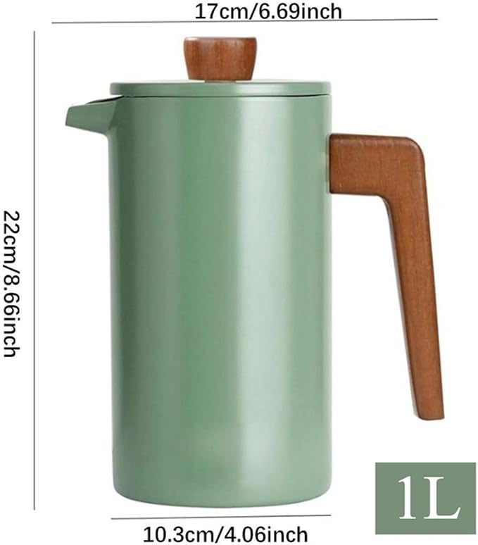 1000ML Green French Coffee Maker Stainless Steel Metal Press With Wooden Handle
