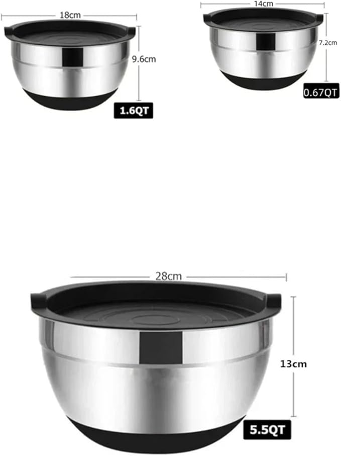 Silicone Bottom Thickened With Lid Cooking Basin Non Slip Salad Mixing Stainless Steel Egg Beating Bowls Kitchen Tools(14cm black)
