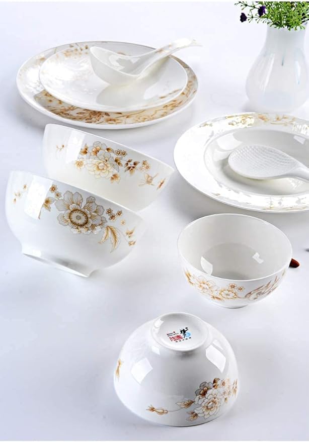50-Piece White &amp Gold Bone China Dinnerware Set Tabletops Bone White Porcelain Round Dinnerware Collection Service For 10