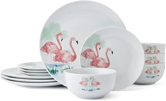 Studio Nova Flamingo Haven Tropical 12 Piece Dinnerware Plate Bowl Set Service for 4