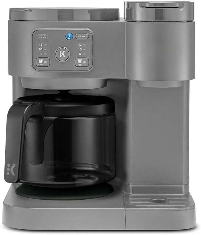 K-Duo Essentials Hot &amp Iced Single-Serve Pod Coffee Maker &amp Carafe 72 Oz Reservoir Multiple Brew Sizes Strong Brew Feature Perfect for Hot and Iced Coffee (Moonlight Gray)