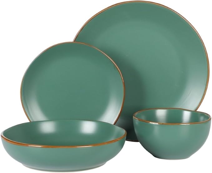 Gibson Home Hazeltine 16-Piece Green Stoneware Dinnerware Set – Plates and Bowls Durable Ceramic Kitchen Dinner Set