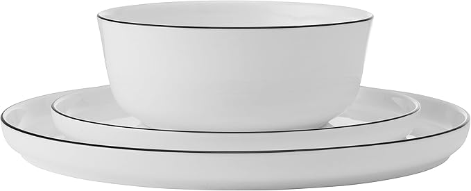 Mikasa Samantha 12 Piece Bone China Dinnerware Plate and Bowl Set Service for 4 Black Banded Rim Chip-Resistant Lightweight Durable White