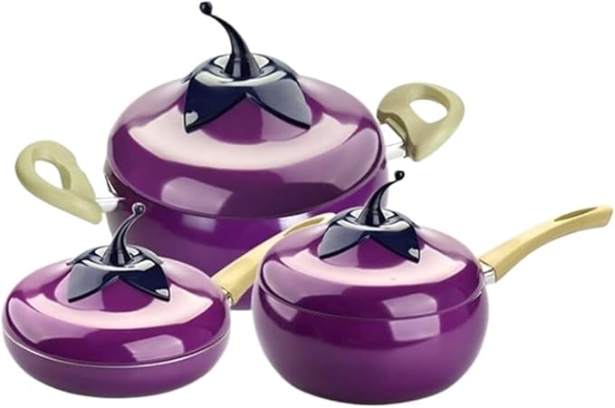 Kitchen Cooking Sets 3pcs Cookware Set Creative Kitchen Smoke- Free and Non- Stick Pot Set Soup Pot Milk Pot Frying Pan Aluminum Alloy Cookware Sets(A-Eggplant Shape)