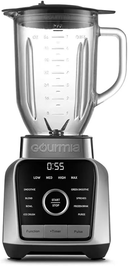 Gourmiia Digital Blender 38oz Glass Jar – 8 Auto Blend Programs 4 Speeds Pulse &amp Tamper – Ice Crusher Smoothie Maker BPA-Free Easy-Clean High-Speed Countertop Blender – Gray
