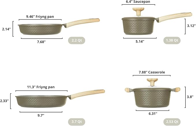 Bambù 6Pcs Cookware set Die-cast Aluminum pots and pans Nonstick frying pans and casseroles Induction safe PFOA-free (Green 6 pcs)
