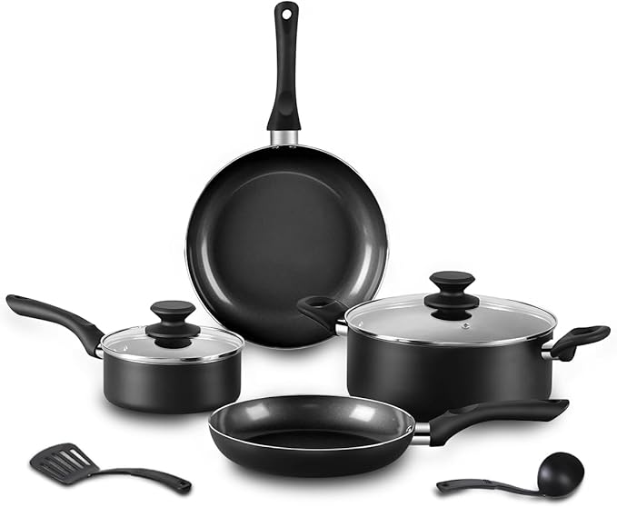 8pcs Black Ceramic Pots and Pans Set Cooking Pan SetCooking Pot Set Ceramic Pan Set Nonstick Cookware Set Induction Safe Kitchen Cooking Set with Frying Pans Saucepans shovel and Ladle