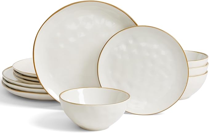 Famiware Ocean Round 12 Pieces Dinnerware Set + 6 Pieces Dipping Bowl Set Microwave and Dishwasher Safe Vanilla White
