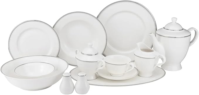 Sherry Collection GP5669P-57 57-Piece Bone China Dinnerware Set Super White Luxury Fine China Service for 8 Elegant Gift Boxed Dinner Set with Plates Cups Saucers Teapot Dishwasher Safe