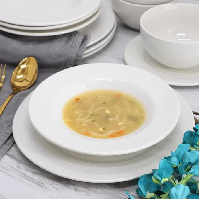 16-Piece White Porcelain Dinnerware Set – Double Bowl Plates Microwave &amp Dishwasher Safe Textured Design Tableware for Elegant Dining