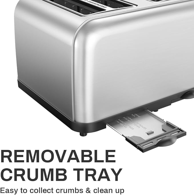 Toaster 4 Slice Dual Independent Controls Extra Wide Slot Toasters for Bagel Bread Waffles 7 Shade Settings 4 Main Functions Removable Crumb Tray 1500 Watts Brushed Stainless Steel