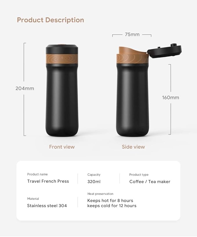 Sesama Classic Portable French Press Coffee Mug 12 oz with Carry Loop Stainless Steel French Press Coffee Maker BPA Free Great for Camping and Travel