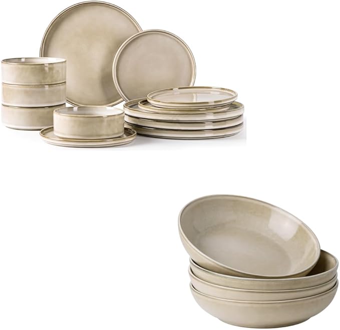 AmorArc Ceramic Dinnerware Sets with Pasta Bowl Handmade Reactive Glaze Plates and Bowls SetsHighly Chip and Crack Resistant | Dishwasher &amp Microwave Safe Dishes Set Service for 4 (16pc)