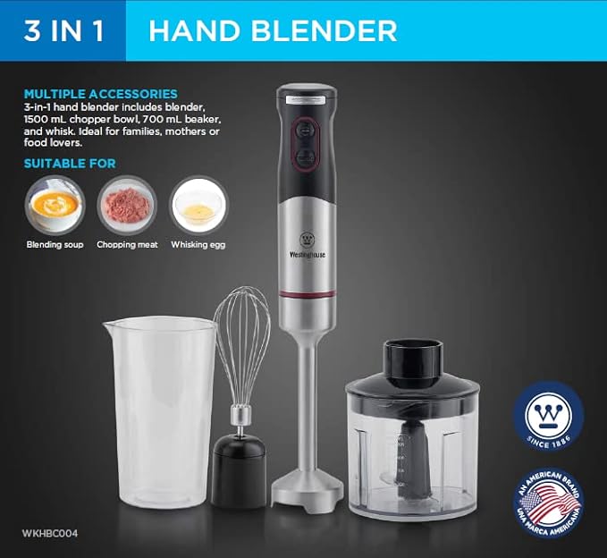 220 Volt Hand Blender 1000W - 3 in 1 Hand blender includes blending shaft 500 ml chopper bowl 700 ml beaker and whisk-220V 240V (Not For Use In USA)