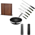 HexClad Hybrid Nonstick 10-Piece Cookware Set 12 Wok Salt and Pepper Grinder Set 6-Piece Essential Knife Set and Magnetic Knife Block Stay-Cool Handles Dishwasher and Oven-Safe Induction Ready