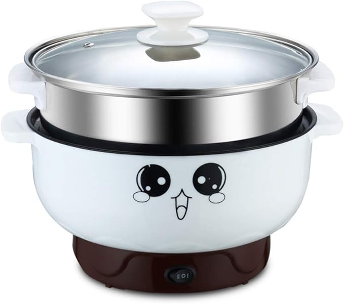 Multifunction Electric Skillet Stainless Steel Hot Pot Noodles Rice Cooker Steamed Egg Soup Pot Mini Heating Pan Cooking Rice (Color : Doublelayer Size : 20cm)