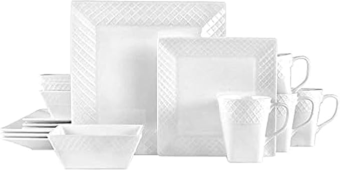 Trellis White Square 16 Piece Dinnerware Set Service For 4
