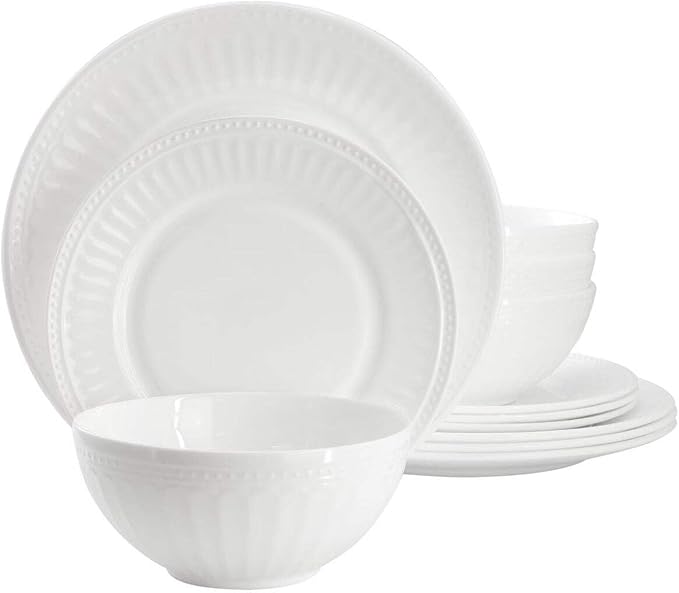 Swanton Arch 12 Piece Glass Dinnerware Set Break-Resistant White Plates and Bowls Service for 4 Microwave and Dishwasher Safe