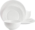 Swanton Arch 12 Piece Glass Dinnerware Set Break-Resistant White Plates and Bowls Service for 4 Microwave and Dishwasher Safe