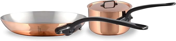 Mauviel M'Heritage 150 CI 1.5mm Polished Copper &amp Stainless Steel DeLuxe 3-Piece Cookware Set With Sauce Pan With Lid 1.2-Qt and Frying Pan 7.8-In Cast Iron Handles Made in France