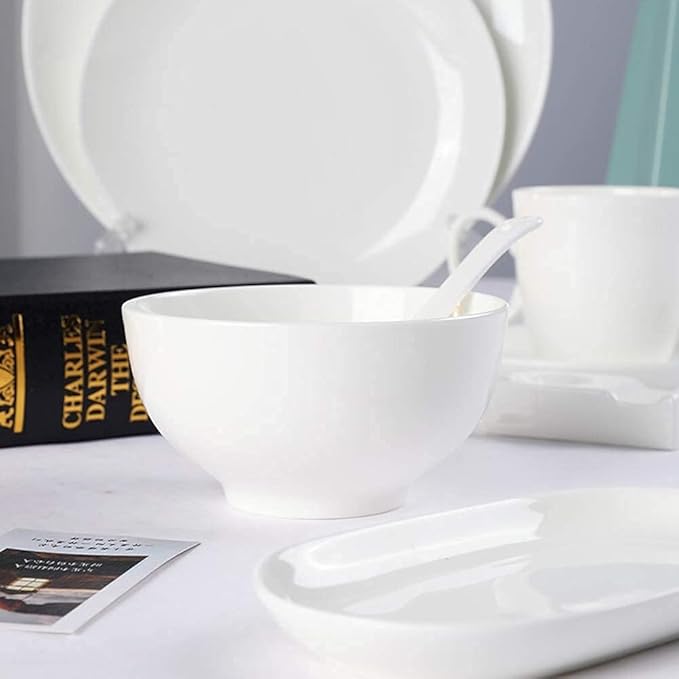 Pure White Porcelain Dinnerware Set Tableware Set Stoneware Dish Dinner Plates Dinner Set Dinner Service for1/2/4/10/16 People80 PCS (White 8 PCS 1 Set)