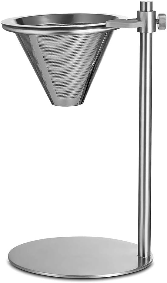 Mingkai Stainless Steel Pour Over Coffee Maker Adjustable Pour Over Coffee Stand with Double Filter Freestanding Drip Cone Brewer and Stand Make Coffee Directly into Mug Cup or Thermos Silver