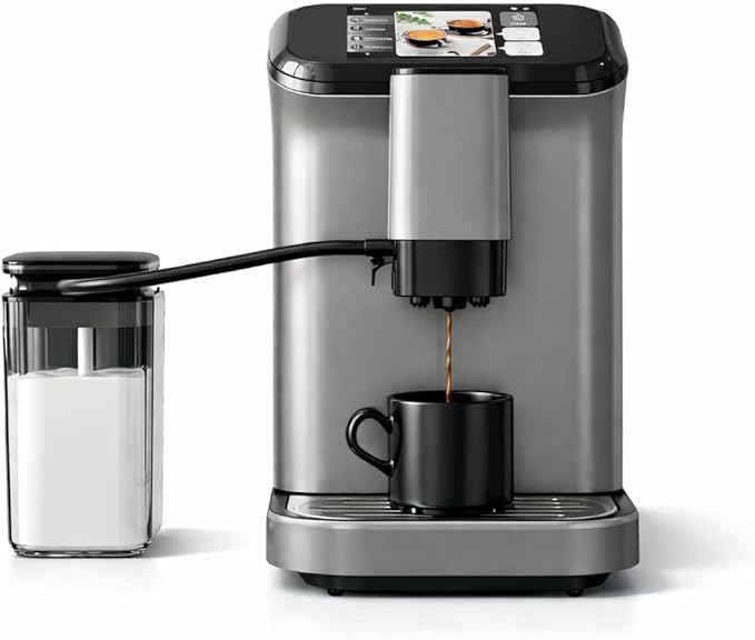 Espresso Machine Built-in Grinder Coffee Maker with TFT Color Screen Automatic Milk Frother Coffee Machine 20 Bar Pump + 15 Grind Settings 1.5L Water Tank + Auto Rinse 120V 1350W Star Gray