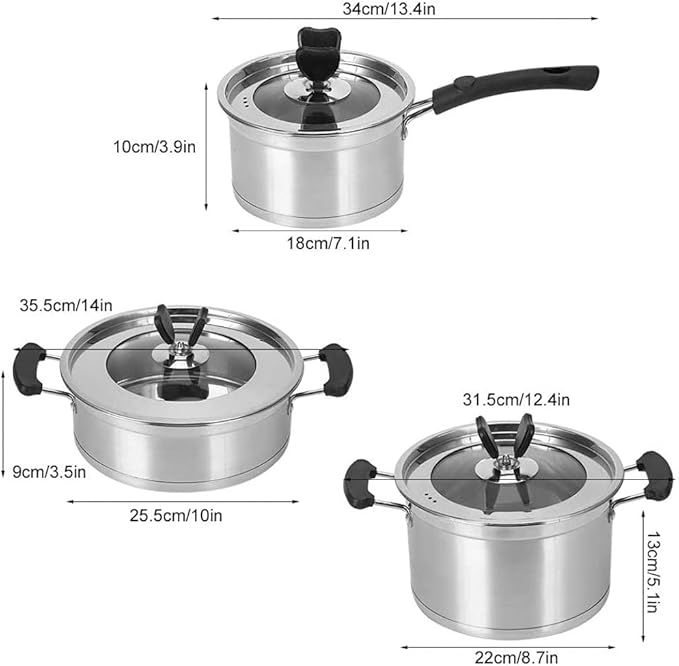 Cookware Set Kitchen 3Pcs Pots and Pans Set Stainless Steel Soup Pot/Milk Pot/Frying Pans for Cooking Home