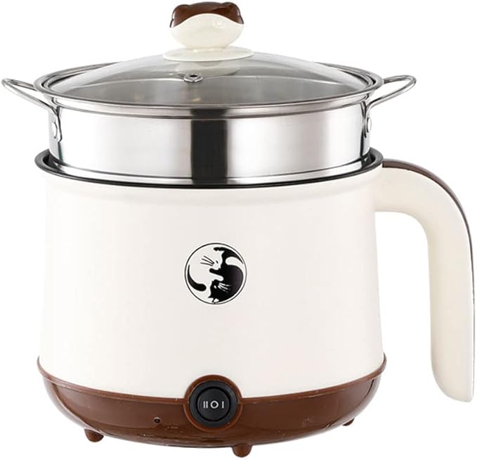 Electric Hot Pot Electric Sauté Pan 600W Food Grade Stainless Steel Cooker with Power Adjustment 1.8L for Rice Shabu Noodles Soup Ramen Steaming Basket (White)