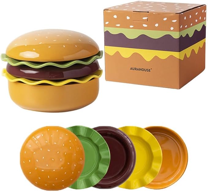 The Ceramic Hamburger Plates Collection is a creative 5-piece set of hamburger-shaped plates and bowls made of durable and elegant ceramic for a unique dining experience and fun.