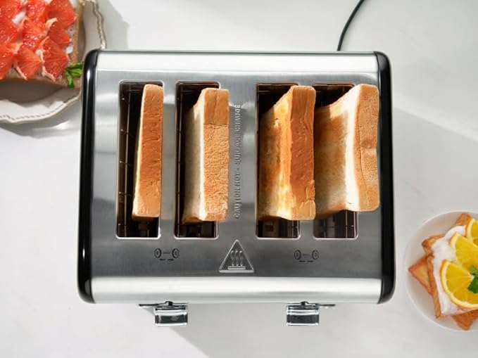 Roter Mond Countdown Stainless Steel 4 Slice Toaster with Bagel Defrost Cancel Function Dual Toaster Extra Wide Slots 6 Shade Settings Removable Crumb Trays 1650W Black